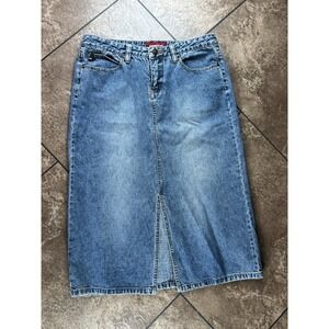Vintage Y2K Skirt Juniors Size 7 Long Denim Blue Jean Slit Modest Cowgirl Midi